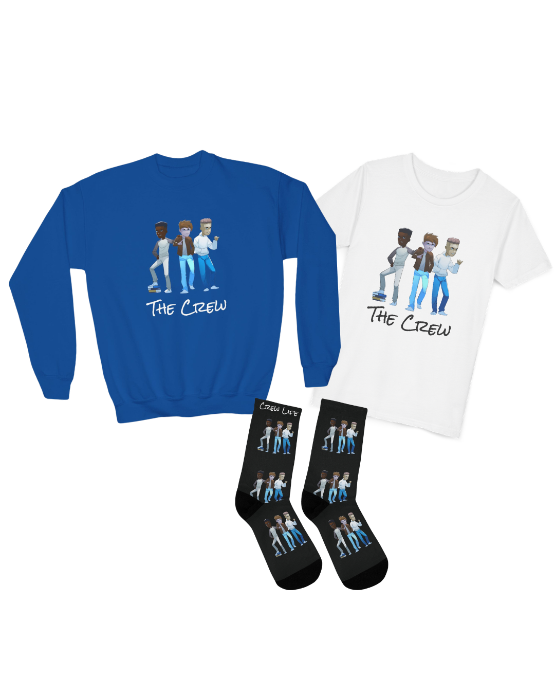 The Crew- youth crewneck bundle Alex the Great "The Crew" Youth bundle featuring a crewneck sweatshirt, a white t-shirt with Alex and his friends, and Alex the Great socks