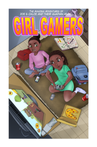 Zoe & Chloe sitting on the floor playing video games with the title Girl Gamers in bold letters